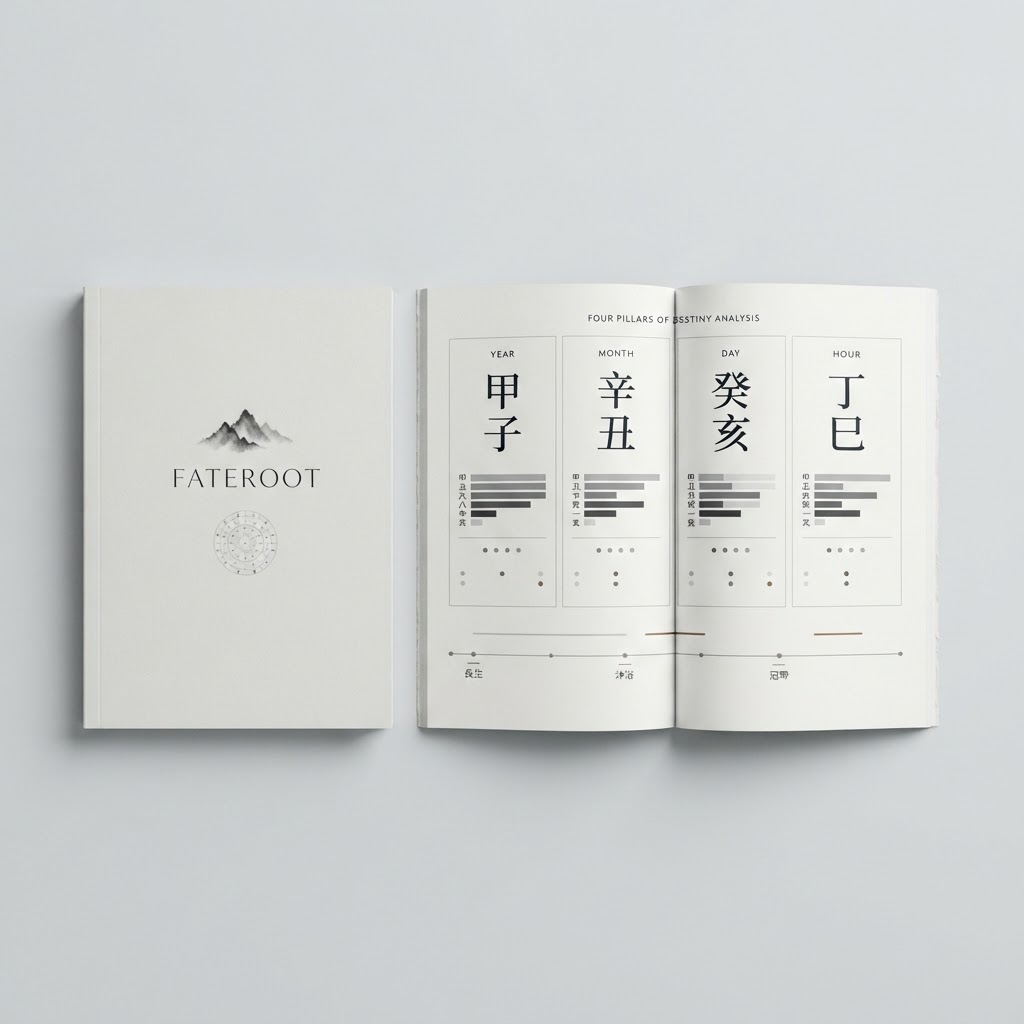 Open FateRoot report booklet showing an ivory cover with ink landscape, a Four Pillars page, five elements chart, and life-cycle timeline